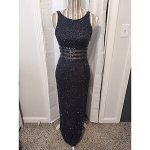 Vtg. Jovani 90's Silk Beaded Sheer Waist Slit Evening Gown Bluish‎ Gray Size 4